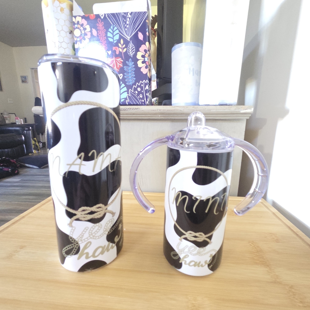 Black and White Cow Print Tumbler and Sippy Cup Set
